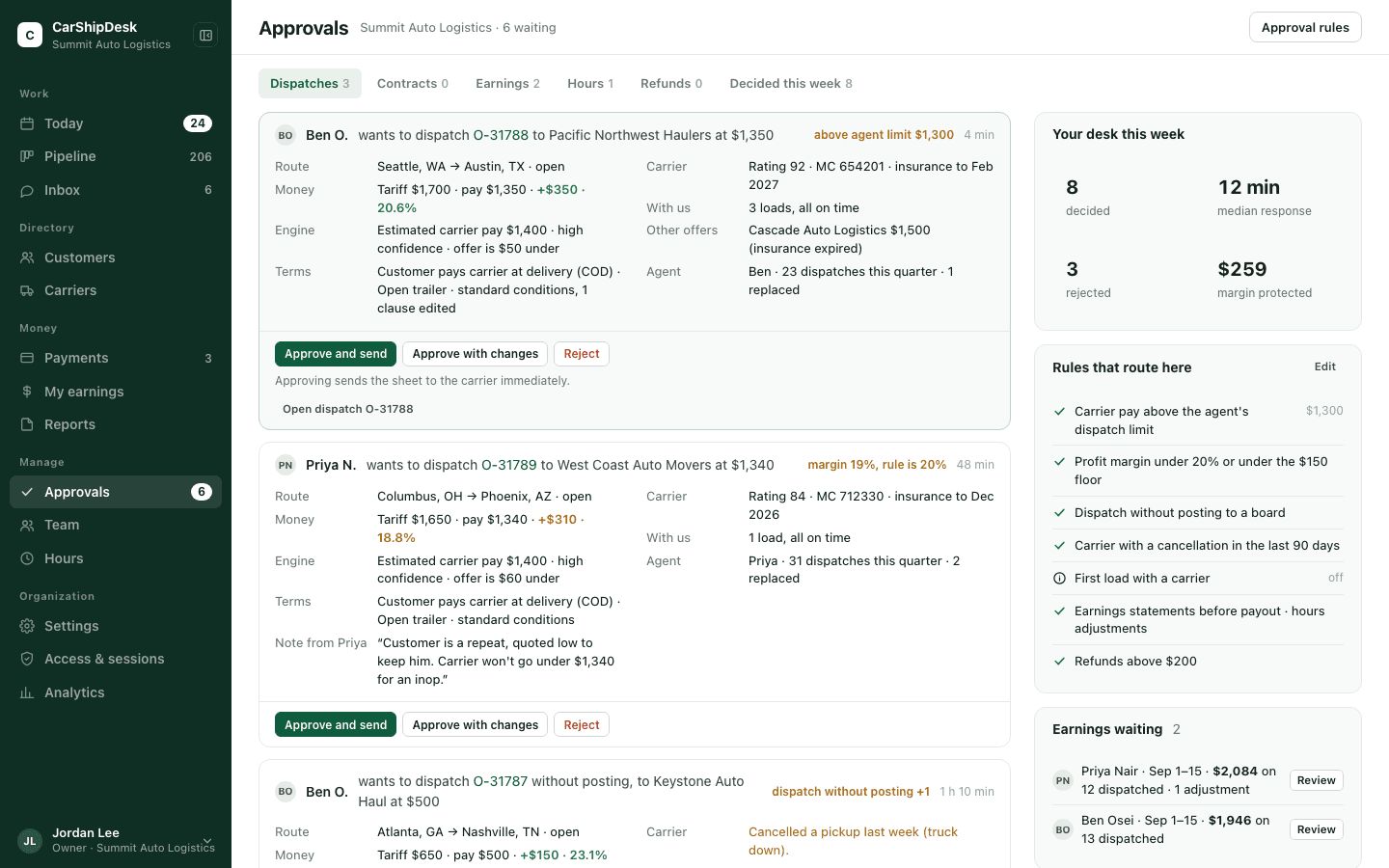 Approvals, manager view.