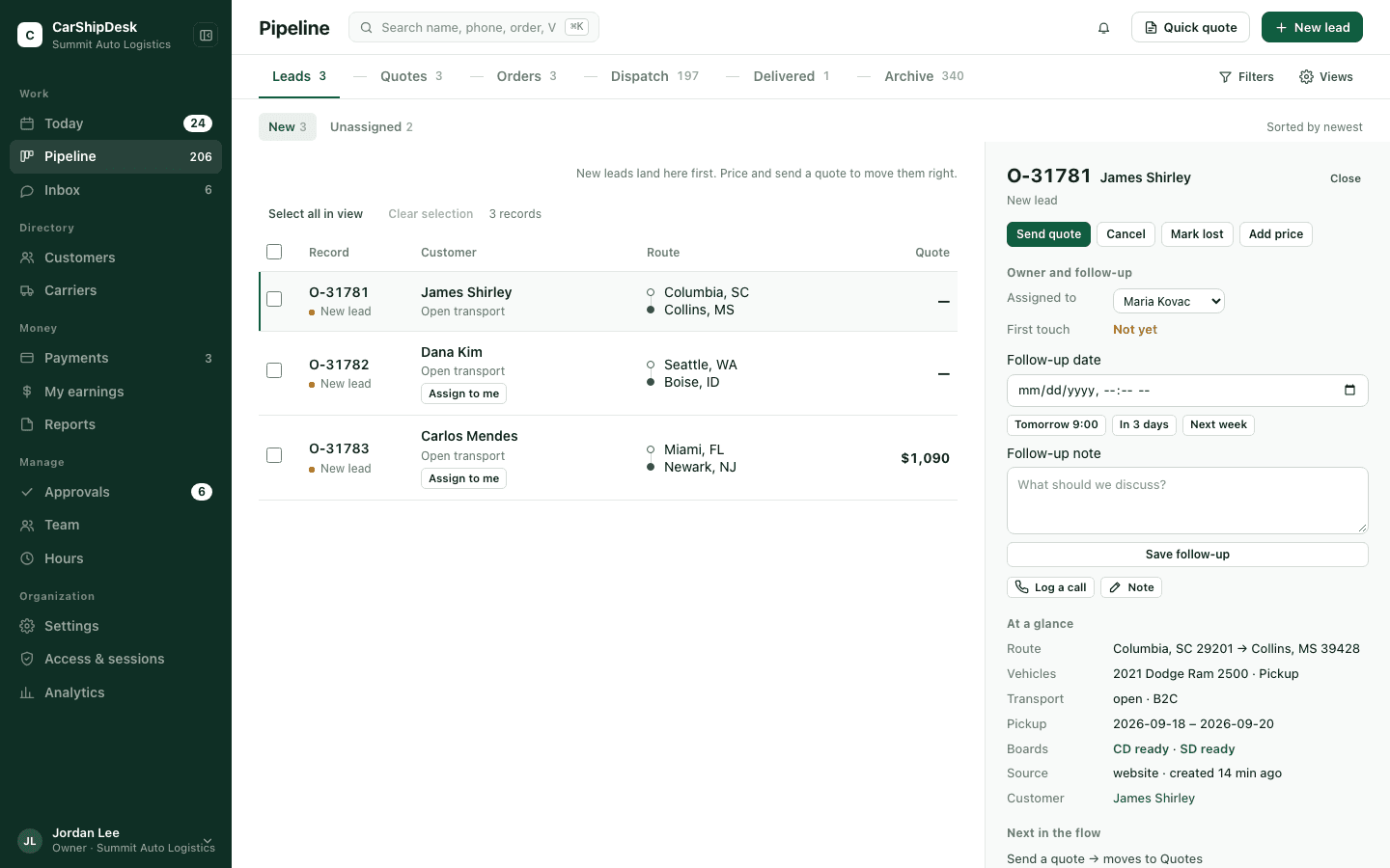 The CarShipDesk pipeline: six lifecycle stages as tabs, a lead list and a preview pane with the next action